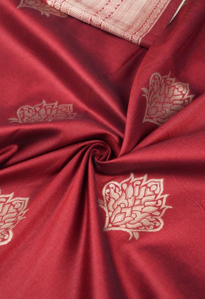 Apple Red Banaras Sarees with Copper Zari Buttis (small Dots Or Motifs)