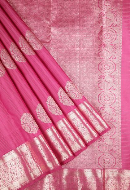 Bubblegum Pink Kanchipuram Silk Sarees with Gold Zari Stripes