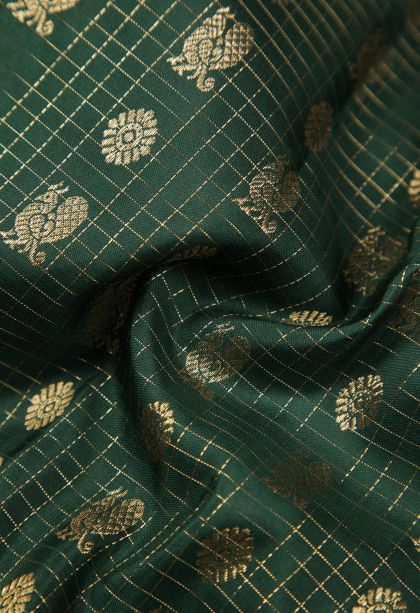 Bottle Green Kanchipuram Silk Sarees with Gold Zari Checks