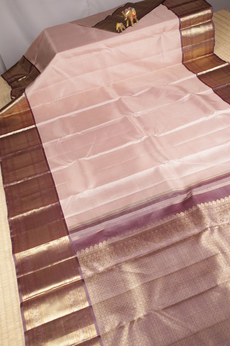 Crepe Pink Kanchipuram Silk Sarees with Gold Zari Stripes view 2