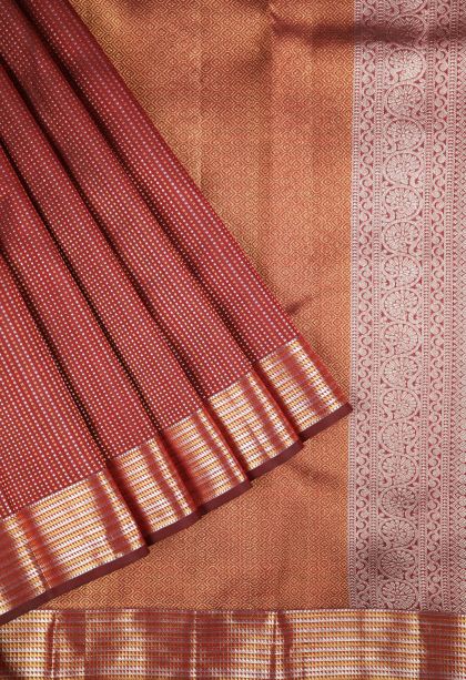 Apple Red Kanchipuram Silk Sarees with Gold And Silver Zari Stripes