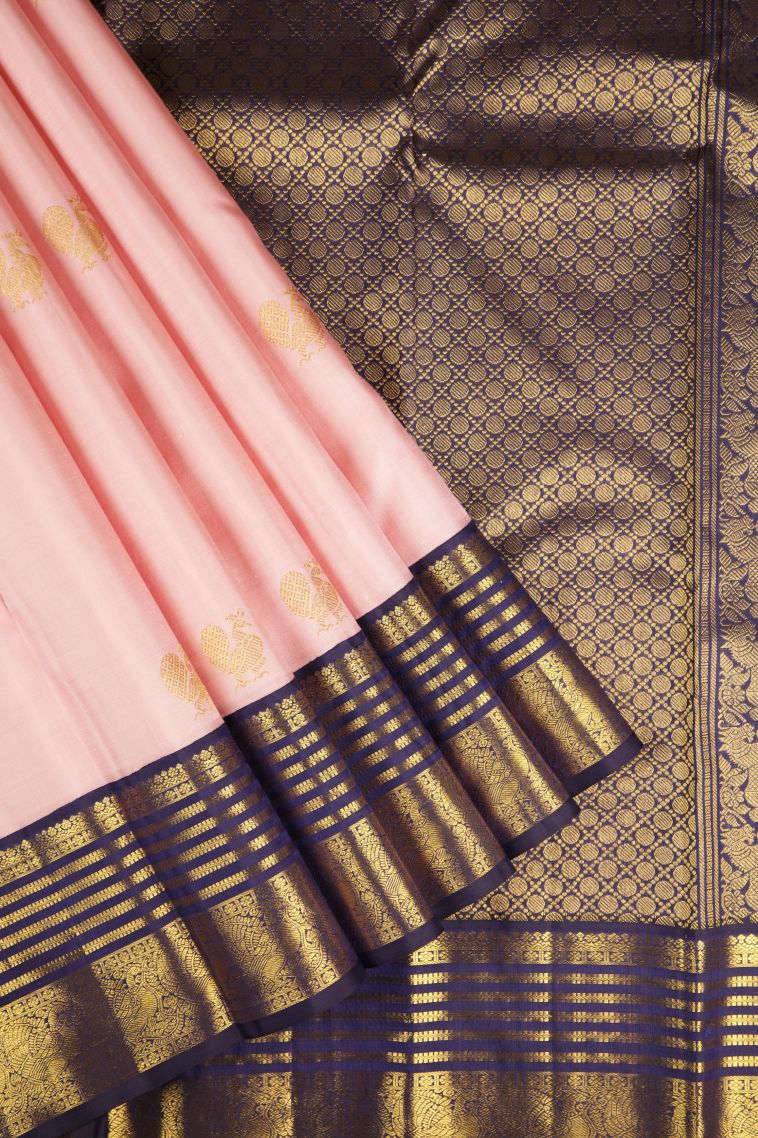 Peach Pink Kanchipuram Silk Sarees with Gold Zari Buttis (small Dots Or Motifs) view 1