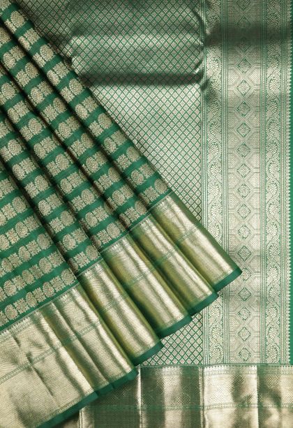 Basil Green Kanchipuram Silk Sarees with Gold Zari Buttis (small Dots Or Motifs)