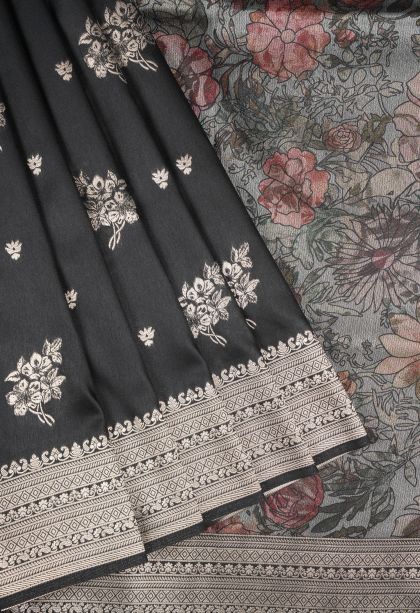 Asphalt Black Banaras Sarees with Copper Zari Buttis (small Dots Or Motifs)