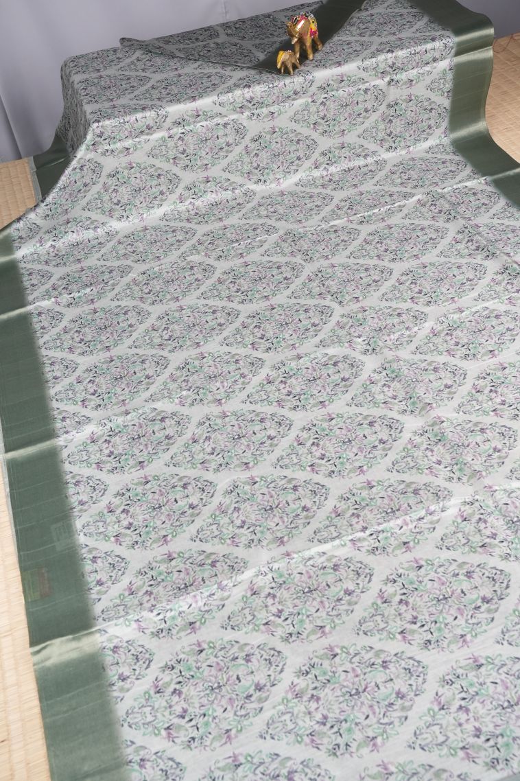 Alabaster White Tussar Saree with Without Zari Zari Floral Patterns view 2