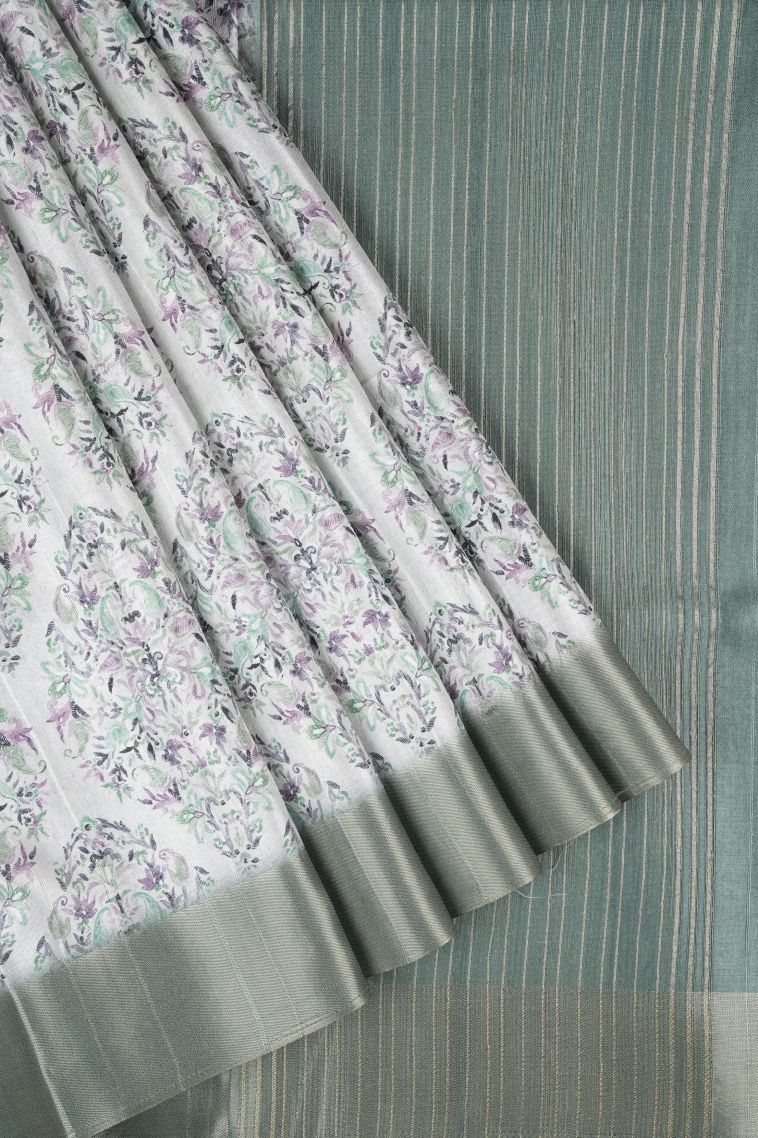 Alabaster White Tussar Saree with Without Zari Zari Floral Patterns view 1