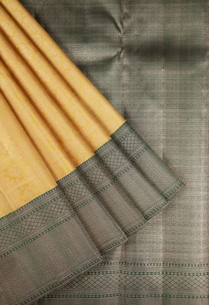 Gold Kanchipuram Silk Sarees with Gold Zari Floral Patterns