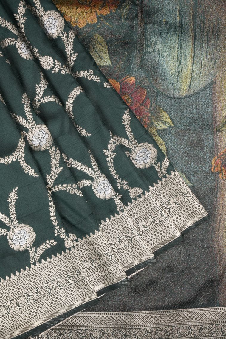 Bottle Green Tussar Saree with Copper Zari Floral Patterns view 1