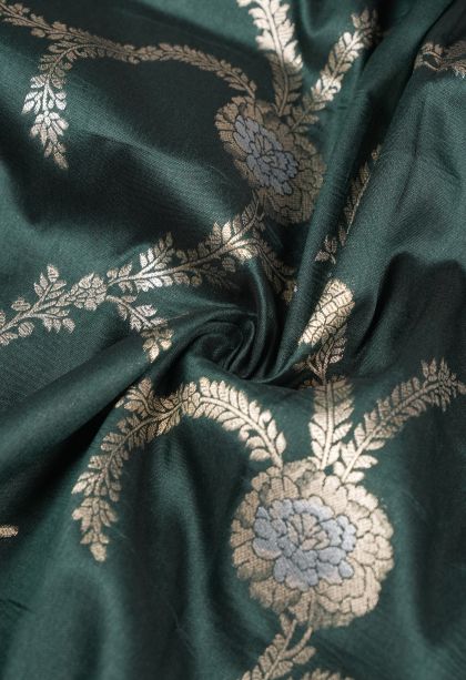 Bottle Green Tussar Saree with Copper Zari Floral Patterns