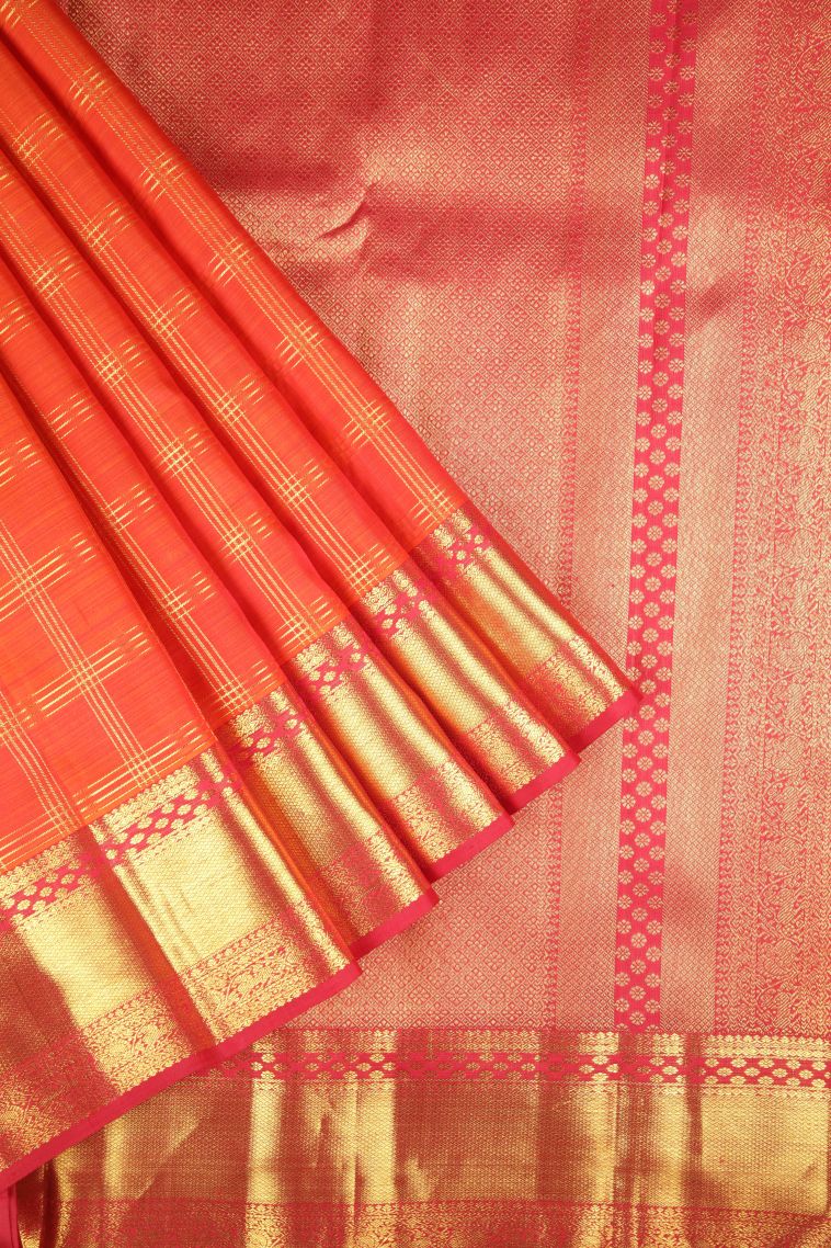 Tiger Orange Kanchipuram Silk Sarees with Gold Zari Checks view 1