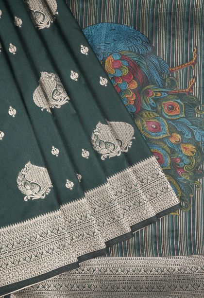 Bottle Green Tussar Saree with Copper Zari Buttis (small Dots Or Motifs)