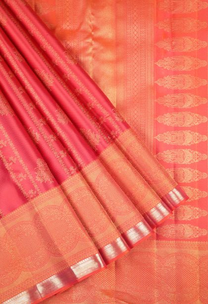 Rose Red Kanchipuram Silk Sarees with Gold Zari Stripes