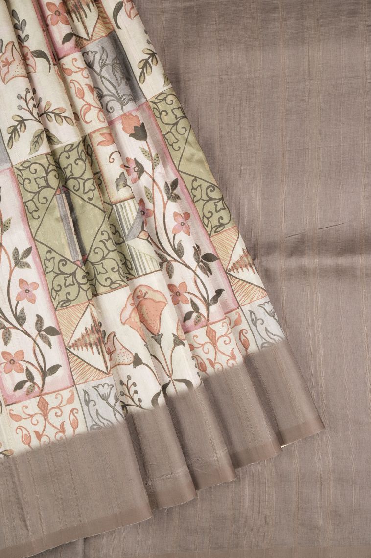 Cream White Tussar Saree with Without Zari Zari Floral Patterns view 1