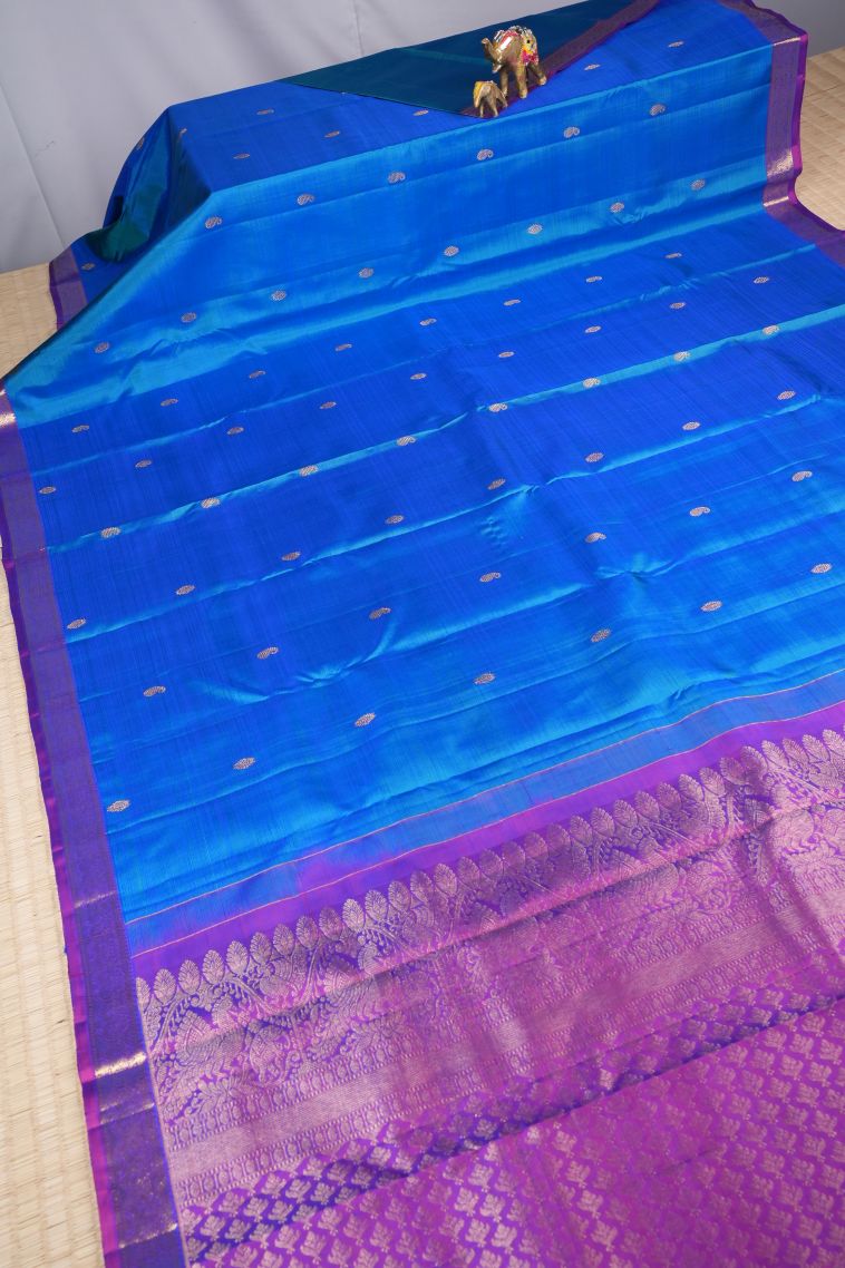 Peacock Blue Kanchipuram Silk Sarees with Gold Zari Buttis (small Dots Or Motifs) view 2