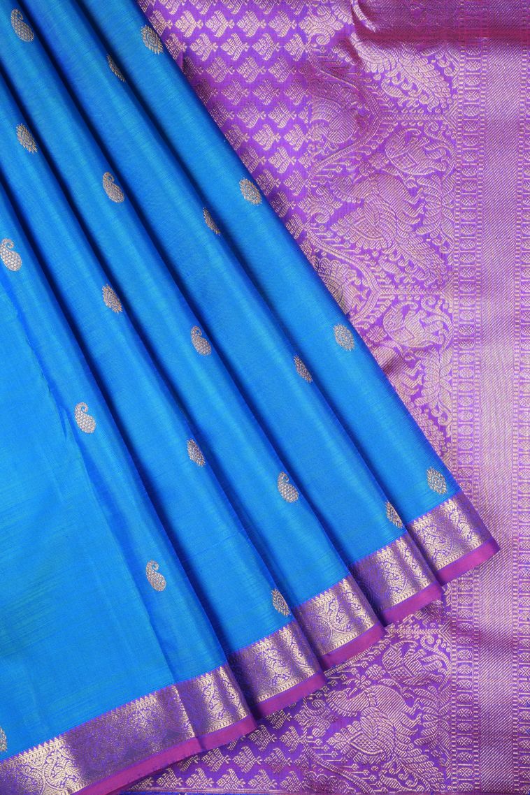 Peacock Blue Kanchipuram Silk Sarees with Gold Zari Buttis (small Dots Or Motifs) view 1