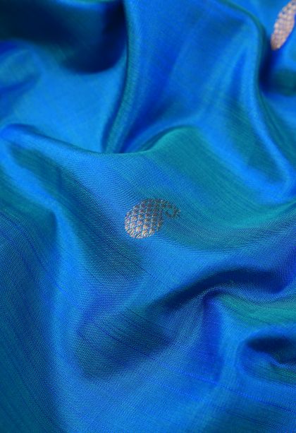 Peacock Blue Kanchipuram Silk Sarees with Gold Zari Buttis (small Dots Or Motifs)