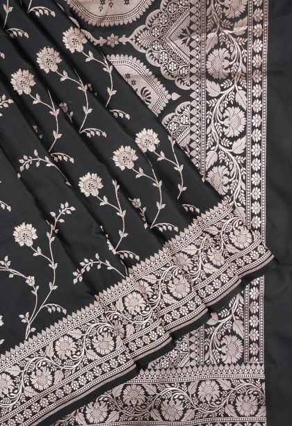 Asphalt Black Banaras Sarees with Gold Zari Floral Patterns