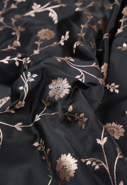 Asphalt Black Banaras Sarees with Gold Zari Floral Patterns