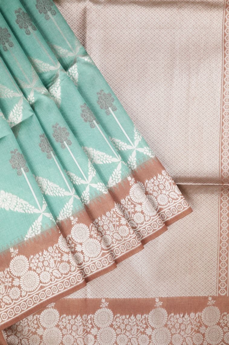 Arctic Blue Tussar Saree with Silver Zari Floral Patterns view 1