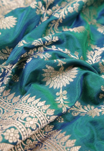 Ocean Blue Banaras Silk Saree with Gold Zari Floral Patterns