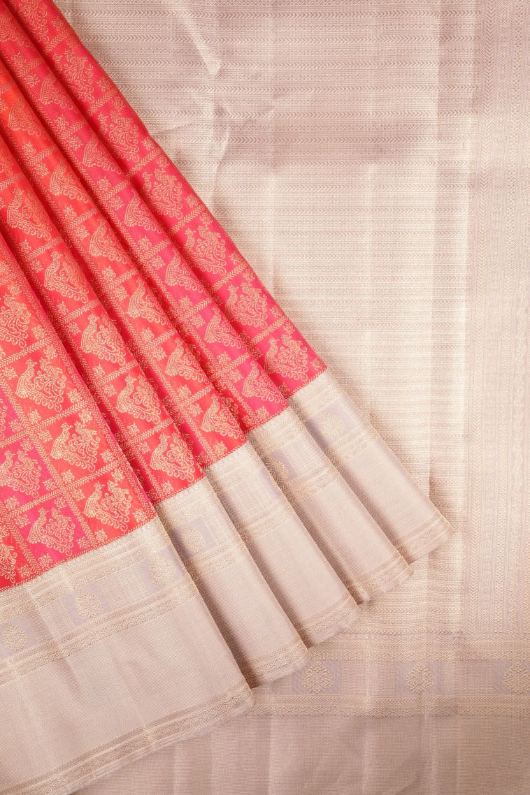 Clay Orange Kanchipuram Silk Sarees with Gold Zari Peacock Motifs view 1