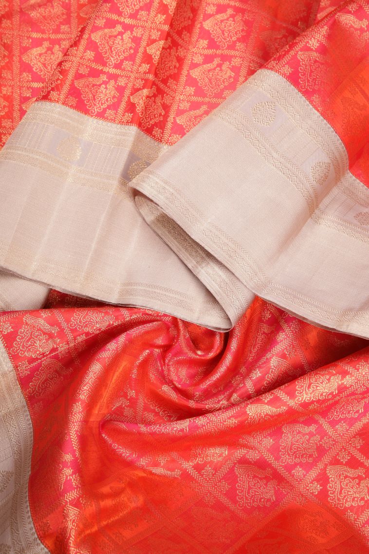 Clay Orange Kanchipuram Silk Sarees with Gold Zari Peacock Motifs view 4