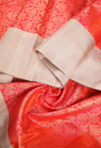 Clay Orange Kanchipuram Silk Sarees with Gold Zari Peacock Motifs