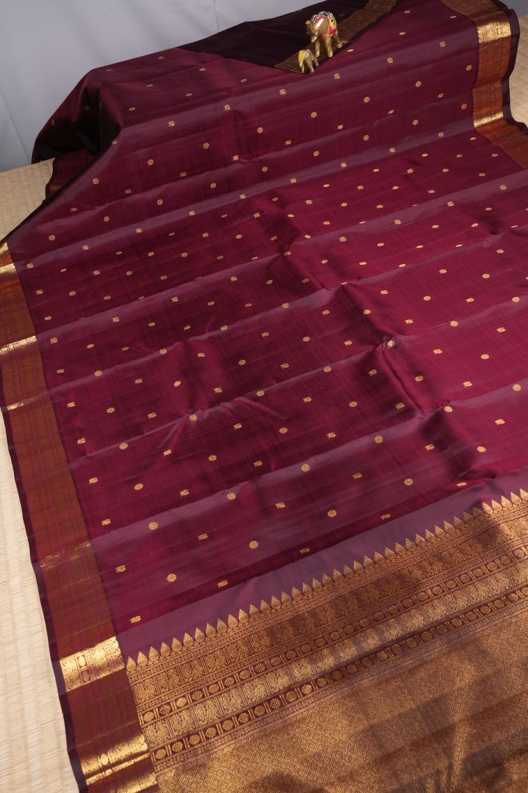 Currant Red Kanchipuram Silk Sarees with Gold Zari Buttis (small Dots Or Motifs) view 2