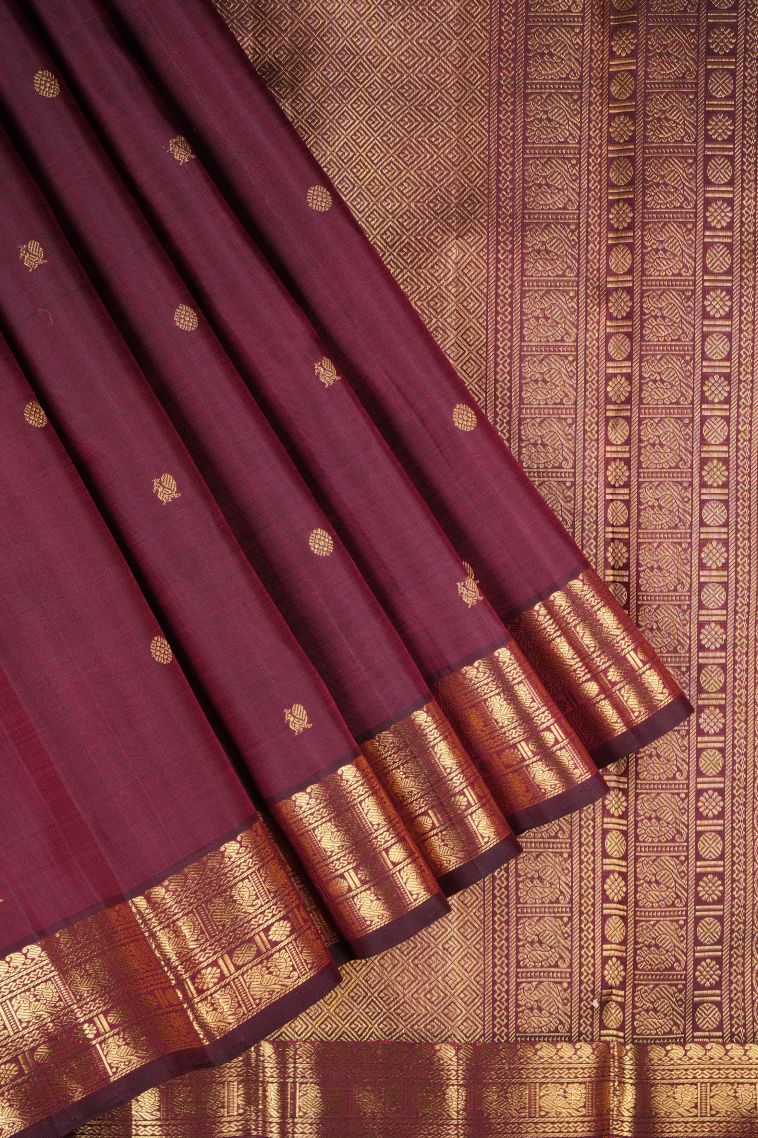 Currant Red Kanchipuram Silk Sarees with Gold Zari Buttis (small Dots Or Motifs) view 1