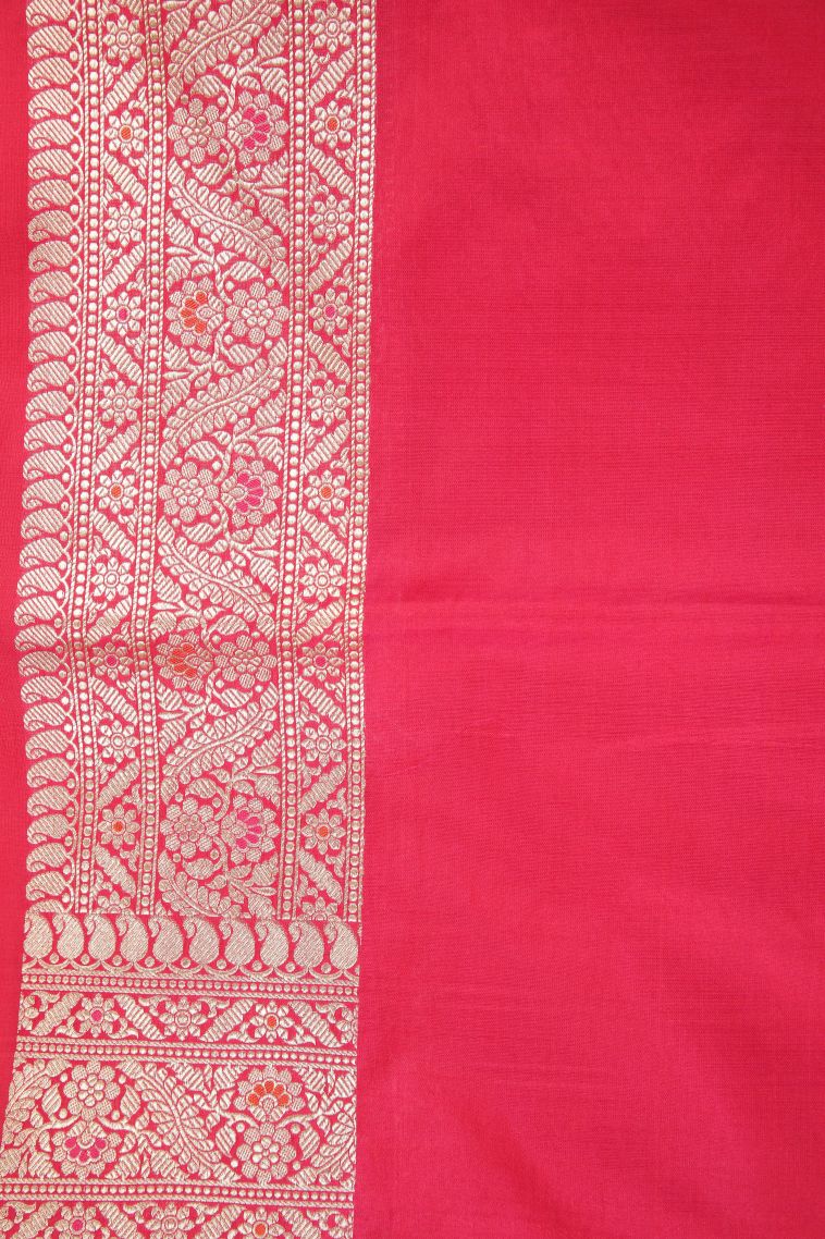 Strawberry Pink Banaras Silk Saree with Gold Zari Floral Patterns view 3