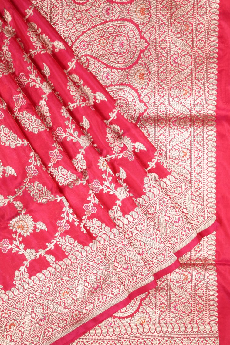 Strawberry Pink Banaras Silk Saree with Gold Zari Floral Patterns view 1