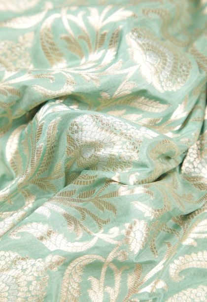 Pistachio Green Banaras Silk Saree with Gold Zari Floral Patterns
