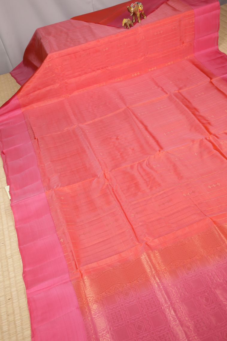 Coral Pink Soft Silk Saree with Copper Zari Stripes view 2