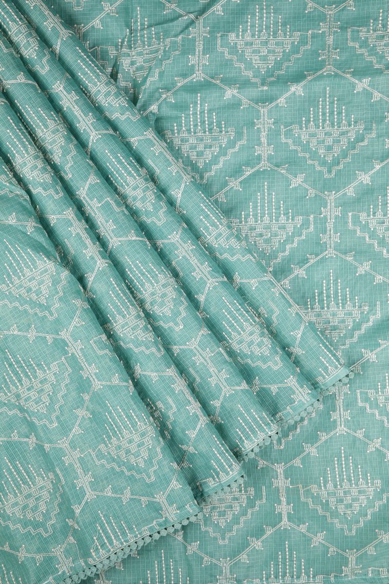 Peacock Blue Organza Saree with Without Zari Zari Geometric Shapes view 1