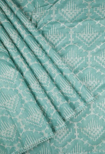 Peacock Blue Organza Saree with Without Zari Zari Geometric Shapes