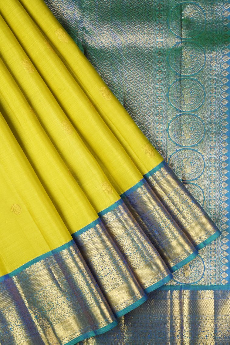 Chartreuse Green Kanchipuram Silk Sarees with Gold Zari Buttis (small Dots Or Motifs) view 1