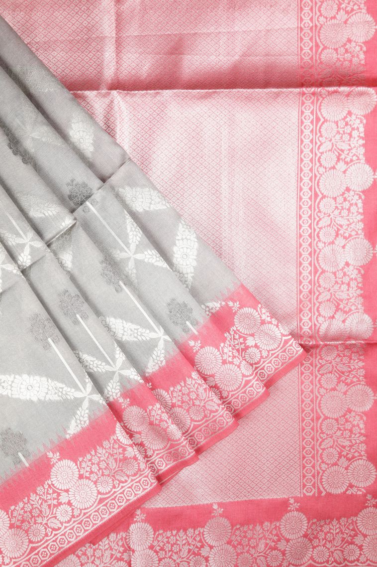 Gray Black Tussar Saree with Silver Zari Floral Patterns view 1