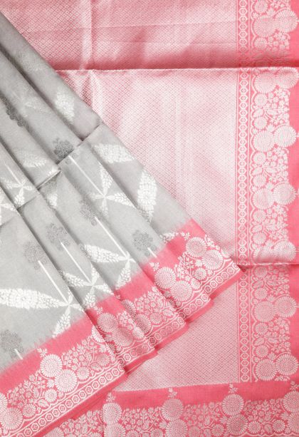Gray Black Tussar Saree with Silver Zari Floral Patterns