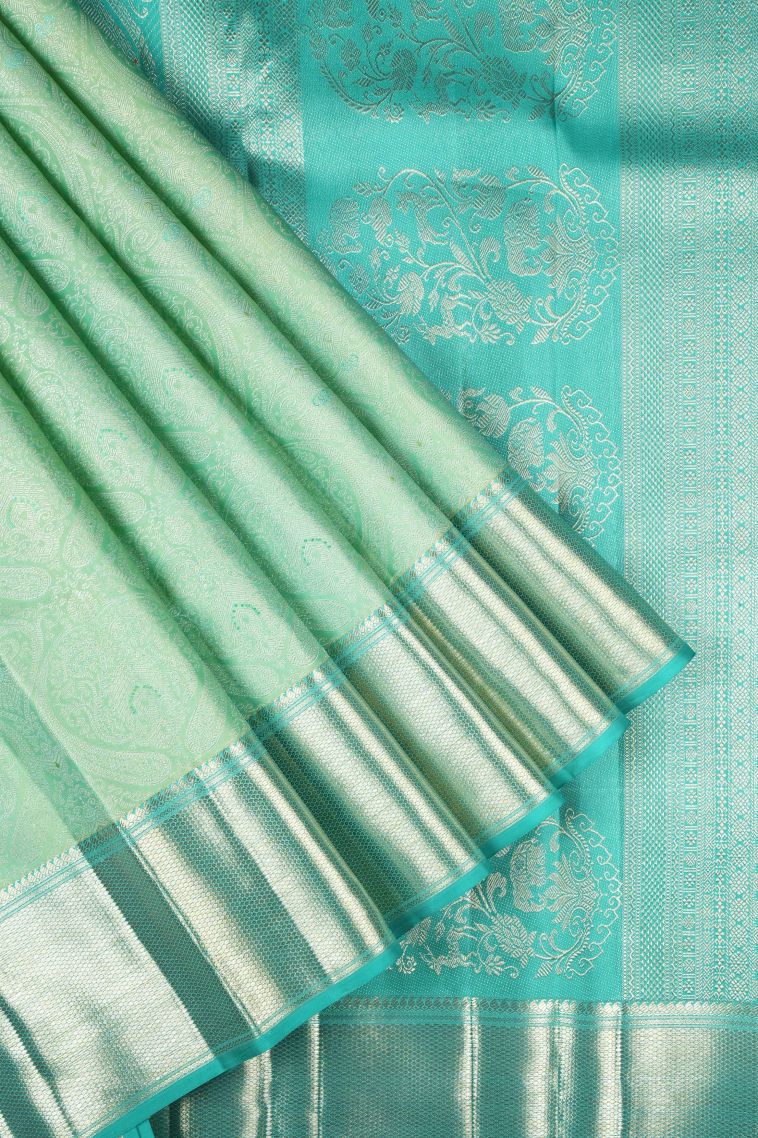 Mint Green Kanchipuram Silk Sarees with Gold Zari Floral Patterns view 1