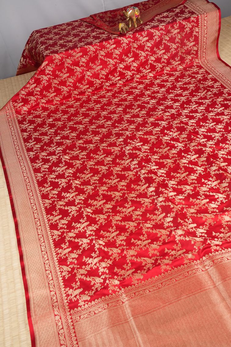 Rose  Red Banaras Sarees with Gold Zari Floral Patterns view 2