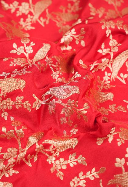 Rose  Red Banaras Sarees with Gold Zari Floral Patterns