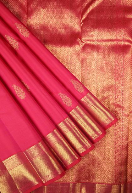 Strawberry Pink Kanchipuram Silk Sarees with Gold Zari Buttis (small Dots Or Motifs)