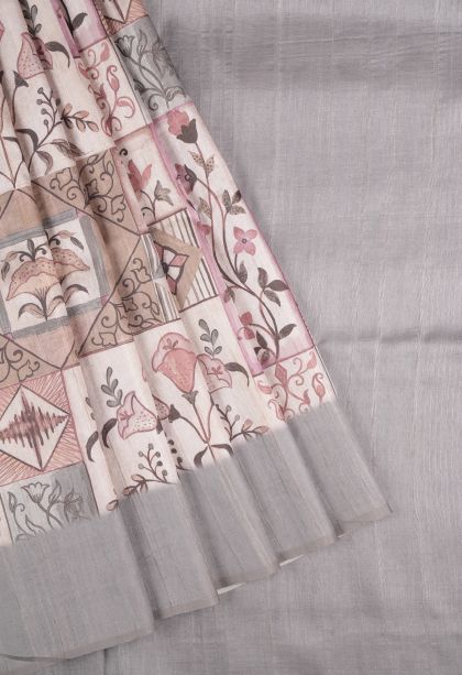 Cream White Tussar Saree with Without Zari Zari Floral Patterns