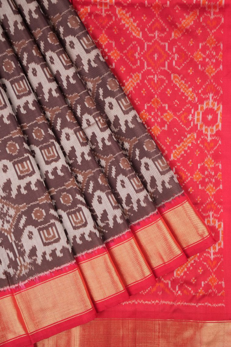 Caramel Brown Ikkat Silk with Without Zari Zari Geometric Shapes view 1