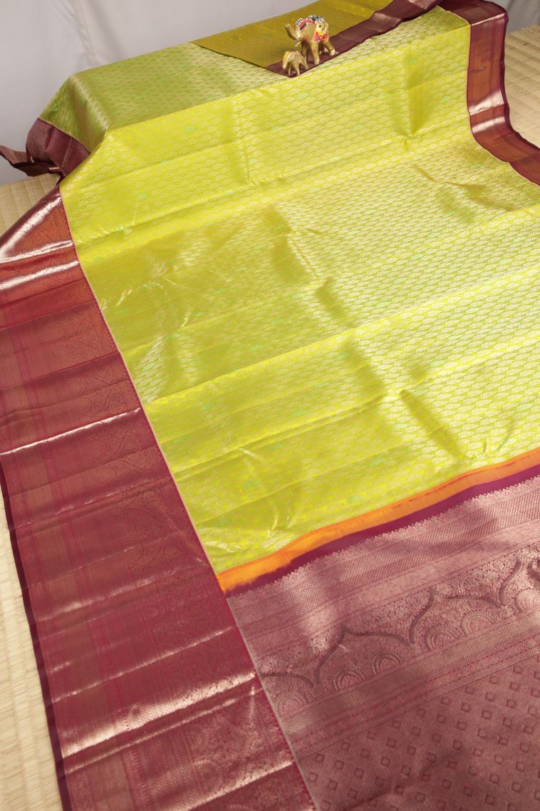Chartreuse Green Kanchipuram Silk Sarees with Gold Zari Floral Patterns view 2