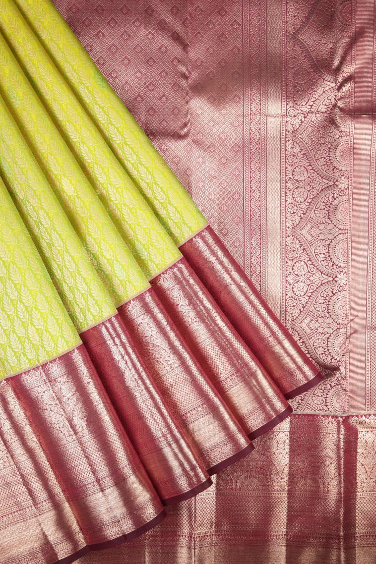 Chartreuse Green Kanchipuram Silk Sarees with Gold Zari Floral Patterns view 1