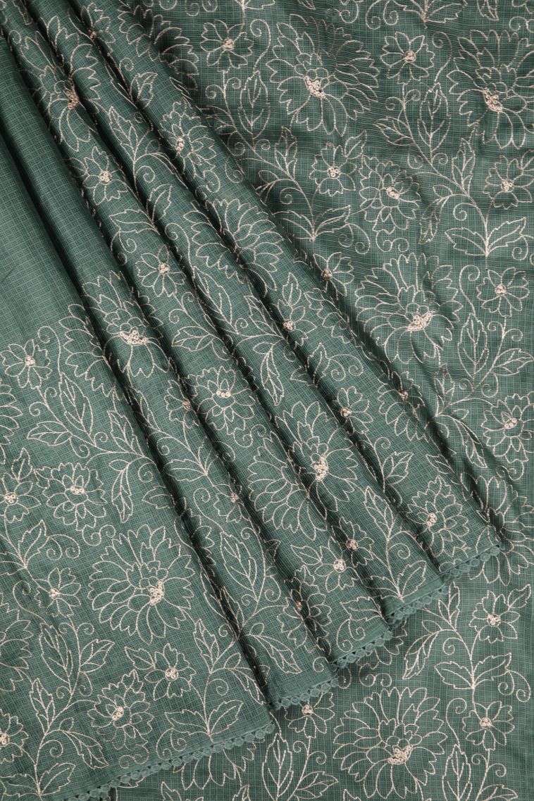 Teal Blue Organza Saree with Without Zari Zari Floral Patterns view 1