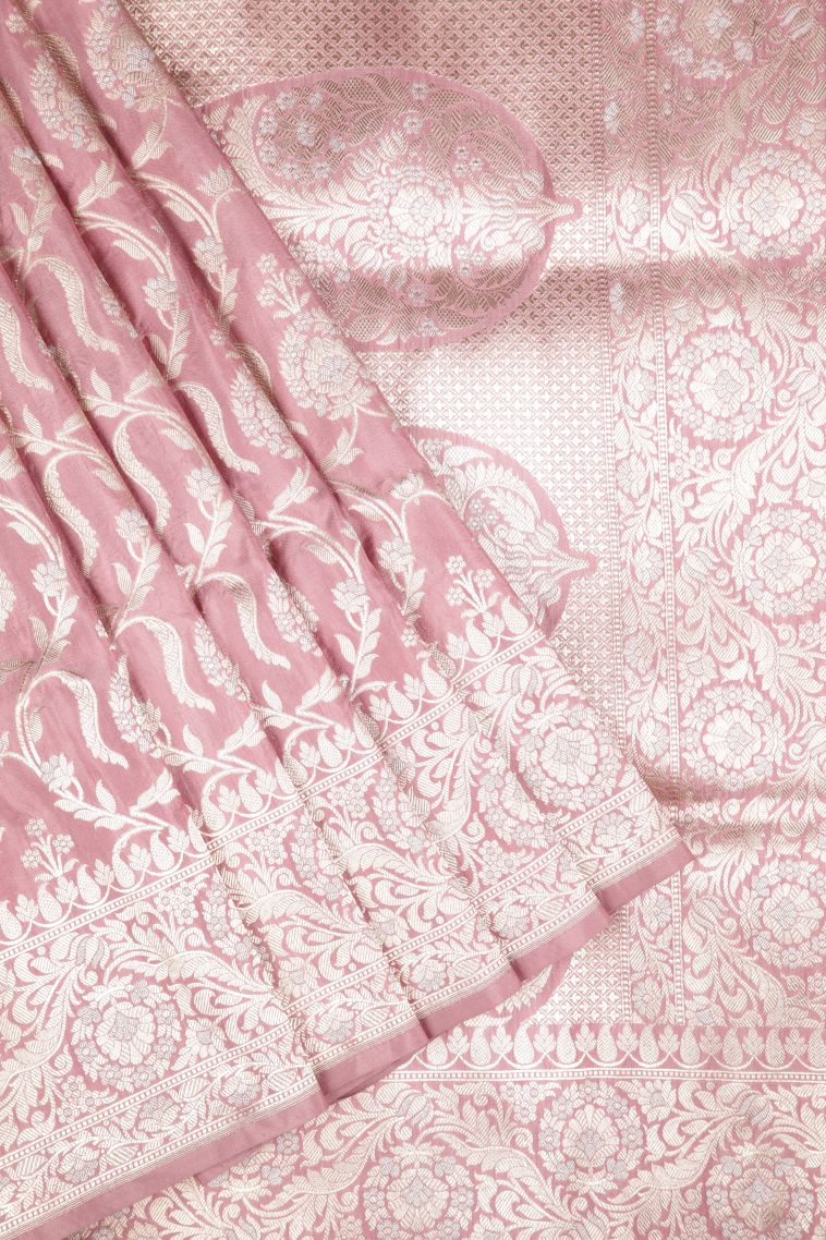 Crepe Pink Banaras Silk Saree with Gold Zari Floral Patterns view 1