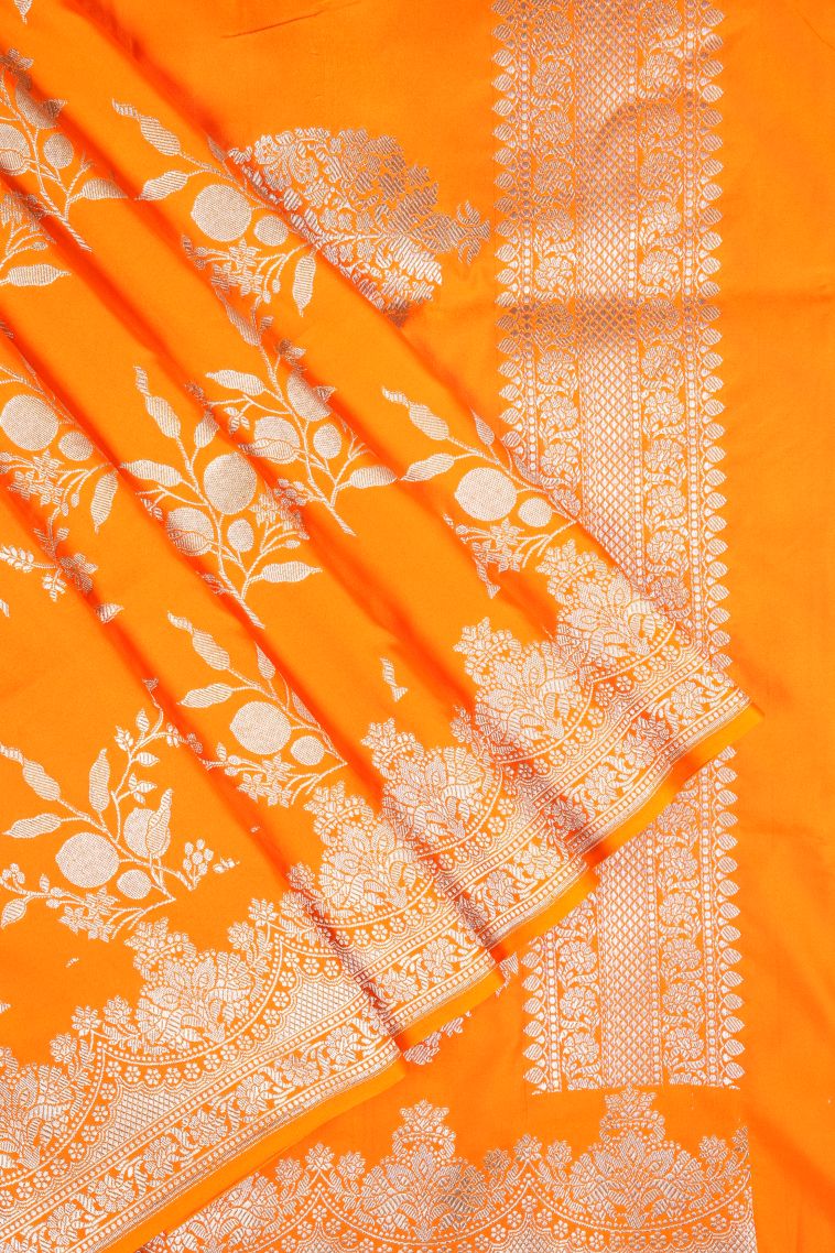 Candy Orange Banaras Sarees with Silver Zari Floral Patterns view 1