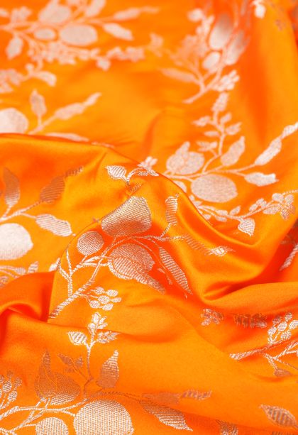 Candy Orange Banaras Sarees with Silver Zari Floral Patterns